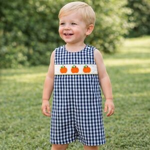 Southern Sunshine Pumpkin Smocked Navy Blue Checkered Jon Jon Romper New